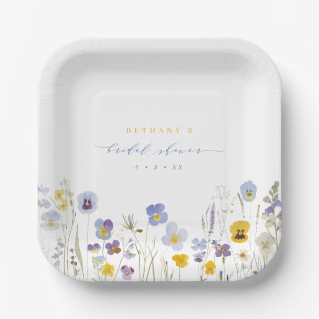 Assiettes En Carton Fête des mariées Fleur sauvage bleu et jaune print (Recto)