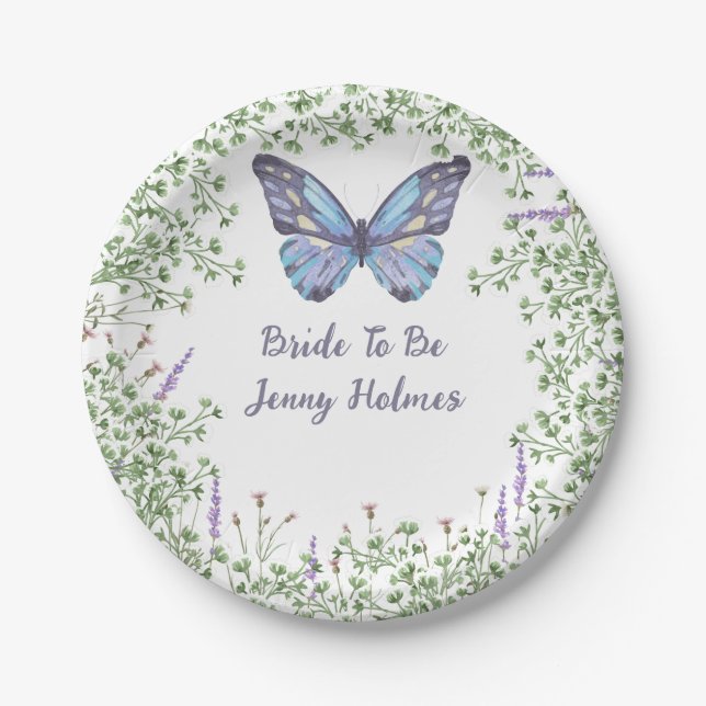 Assiettes En Carton Fête des mariées Fleur sauvage Bleu Papillon Vert (Devant)
