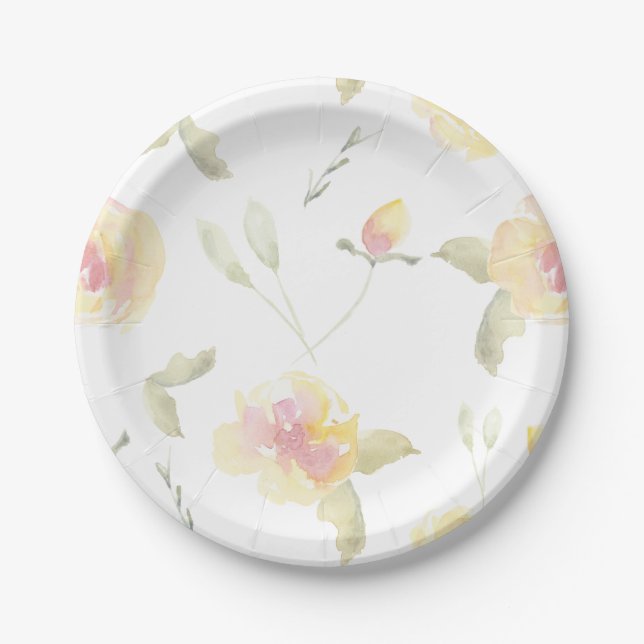 Assiettes En Carton Fête des mariées Fleurs d'aquarelle jaune citron (Devant)