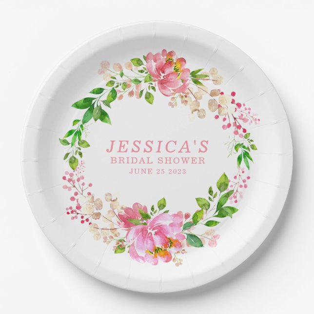 Assiettes En Carton Fête des mariées Fleurs d'aquarelle rose personnal (Devant)