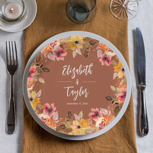 Assiettes En Carton Fête des mariées Fleurs d'automne en terre cuite (Autumn Flowers Wedding Bridal Shower Terracotta Paper Plates)