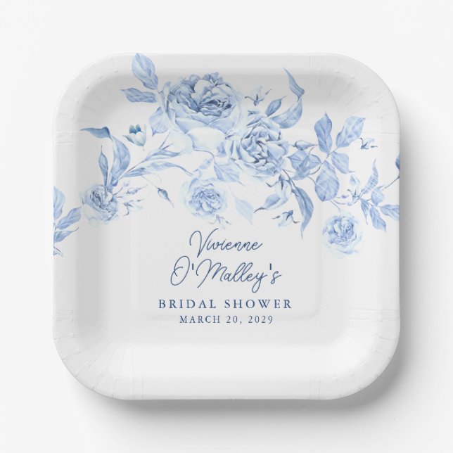 Assiettes En Carton Fête des mariées Florale Bleue (Recto)