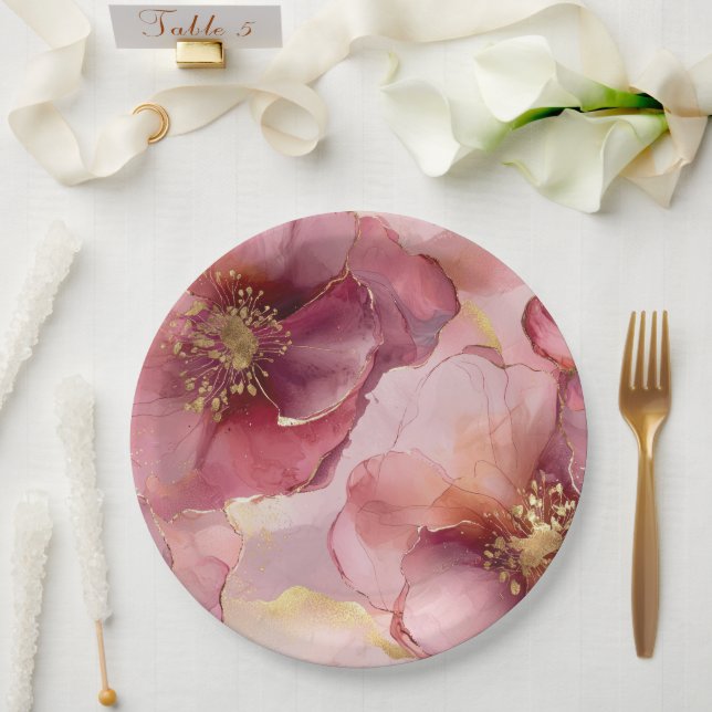 Assiettes En Carton Fête des mariées florale dorée rose bordeaux (Mariage)