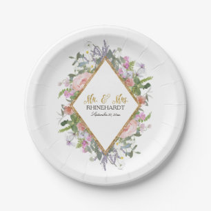 Assiettes En Carton Fête des mariées florale moderne géométrique Rose