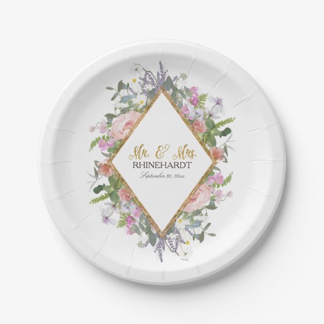 Assiettes En Carton Fête des mariées florale moderne géométrique Rose  (Devant)