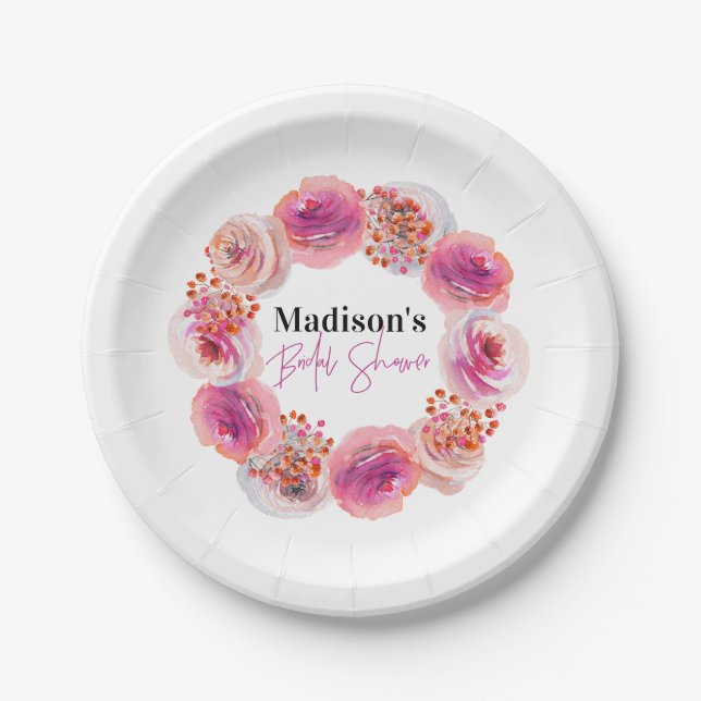 Assiettes En Carton Fête des mariées florale rose personnalisée (Devant)