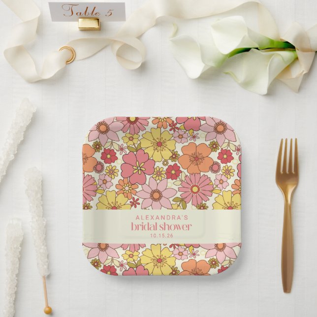 Assiettes En Carton Fête des mariées florale rose rose retro personnal (Mariage)