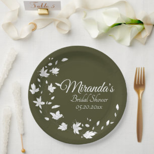 Assiettes En Carton Fête des mariées florale verte et blanche automne