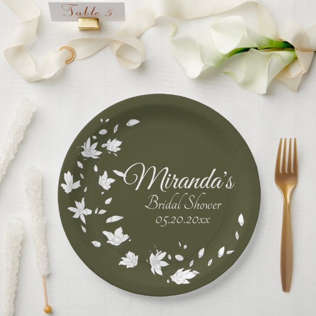 Assiettes En Carton Fête des mariées florale verte et blanche automne (Mariage)