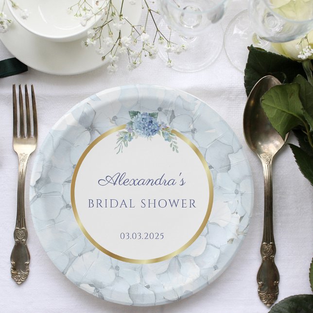 Assiettes En Carton Fête des mariées Mariage Blue Hydrangea (Blue Hydrangea Wedding Bridal Shower Paper Plates)