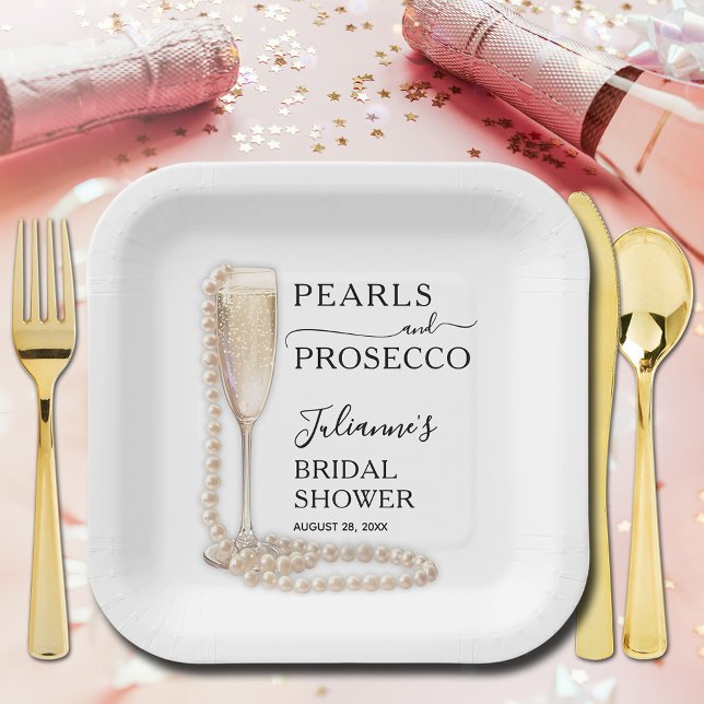 Assiettes En Carton Fête des mariées Perles et poursuites (Pearls and Prosecco brunch and bubbly bridal shower square paper plates)
