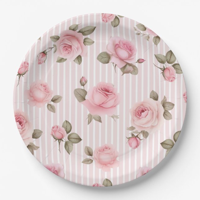 Assiettes En Carton Fête des mariées romantique de fleurs roses (Devant)