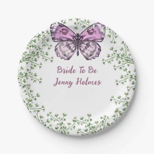 Assiettes En Carton Fête des mariées rose papillon vert (Devant)