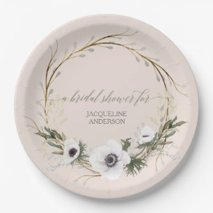 Assiettes En Carton Fête des mariées Rustique Wreath Anémone rose n bl