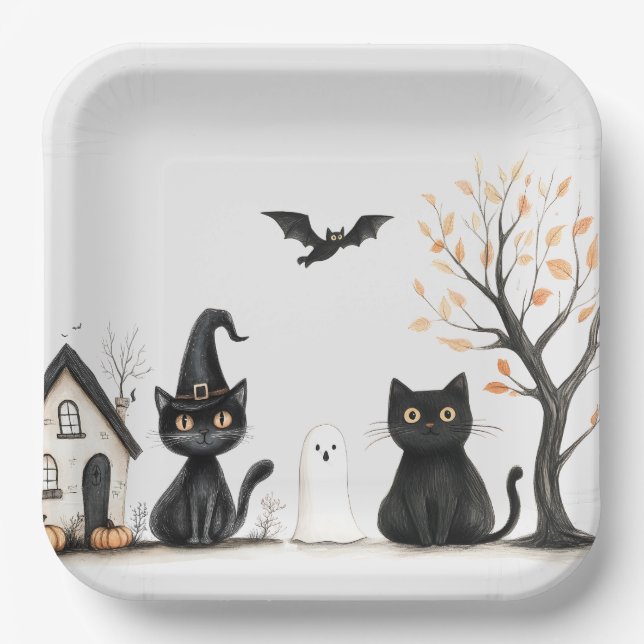 Assiettes En Carton Fête d'Halloween aux chats noirs mignons (Recto)