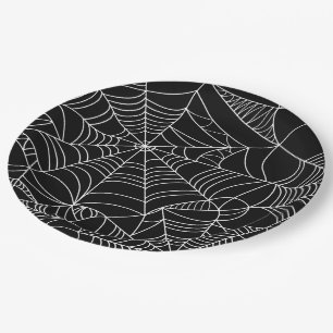 Assiettes En Carton Fête d'Halloween aux toiles d'araignée noir et bla