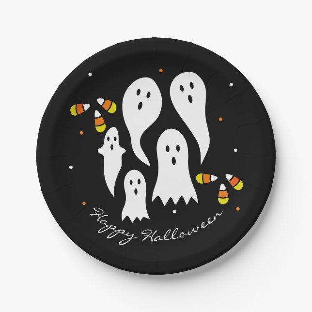 Assiettes En Carton Fête d'Halloween Fantômes et Maïs de Bonbon Noir O (Devant)