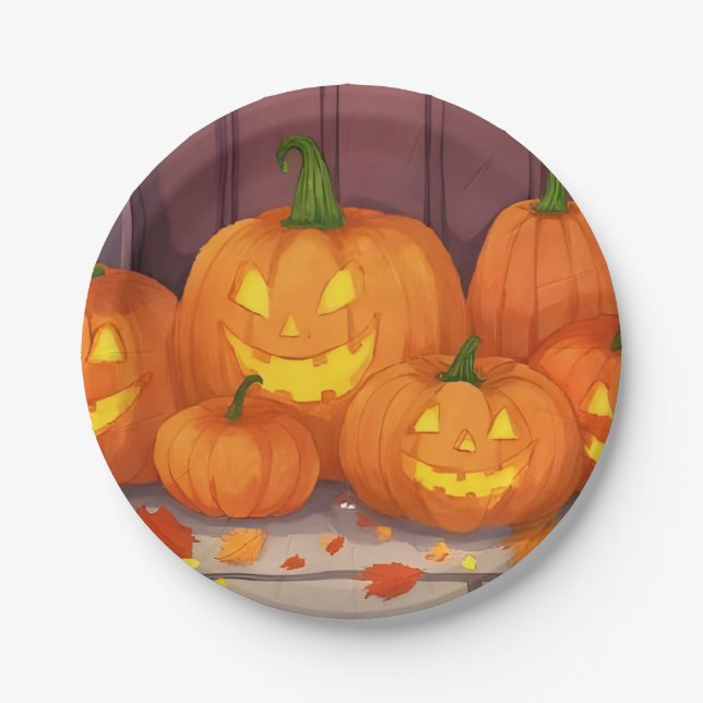 Assiettes En Carton Fête d'Halloween Jack-O-Lantern Citrouille (Devant)