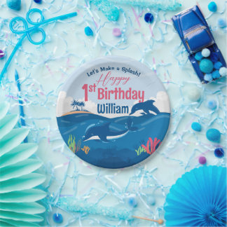 Assiettes En Carton Fête du 1er anniversaire : dauphins amusants et co