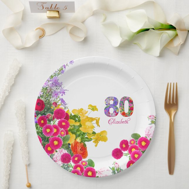Assiettes En Carton Fête du 80e anniversaire Fleurs florales Moderne 8 (Mariage)