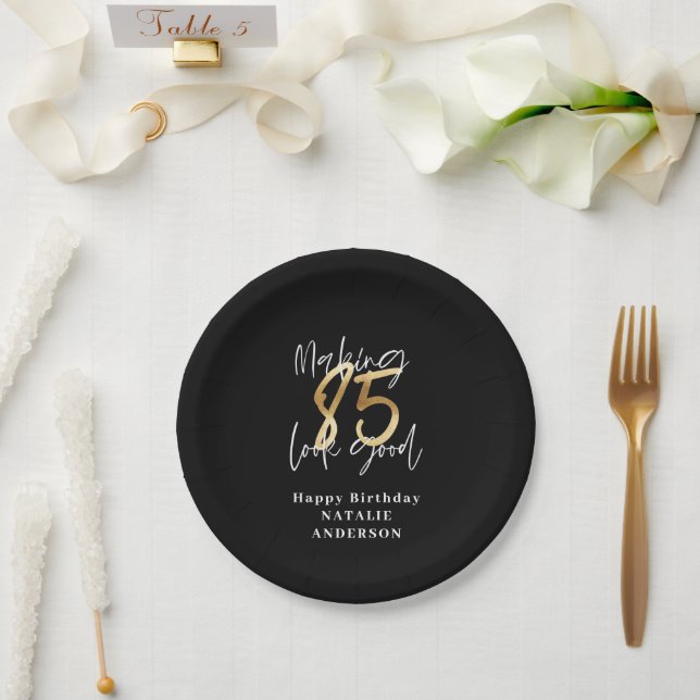 Assiettes En Carton fête du 85e anniversaire moderne noir et or (Mariage)