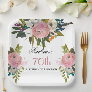 Assiettes En Carton Fête élégante de 70 ans avec fleurs peintes à la m