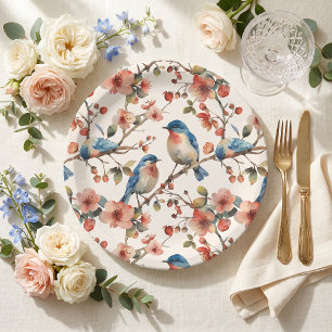 Assiettes En Carton Fête élégante vintage printemps oiseau bleu fleur 