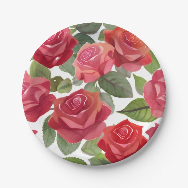 Assiettes En Carton Fête Florale Rose Rouge (Devant)