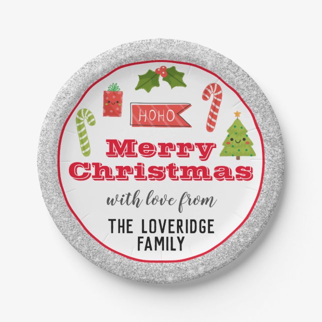 Assiettes En Carton Fête Joyeux Noël Rouge Parties scintillant argent (Devant)
