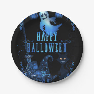 Assiettes En Carton Fête magique d'Halloween Chat noir Lumière bleue G