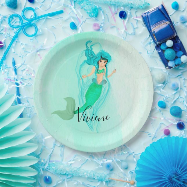 Assiettes En Carton Fête Mermaid Green Mermaid Queue Girl (Fête)