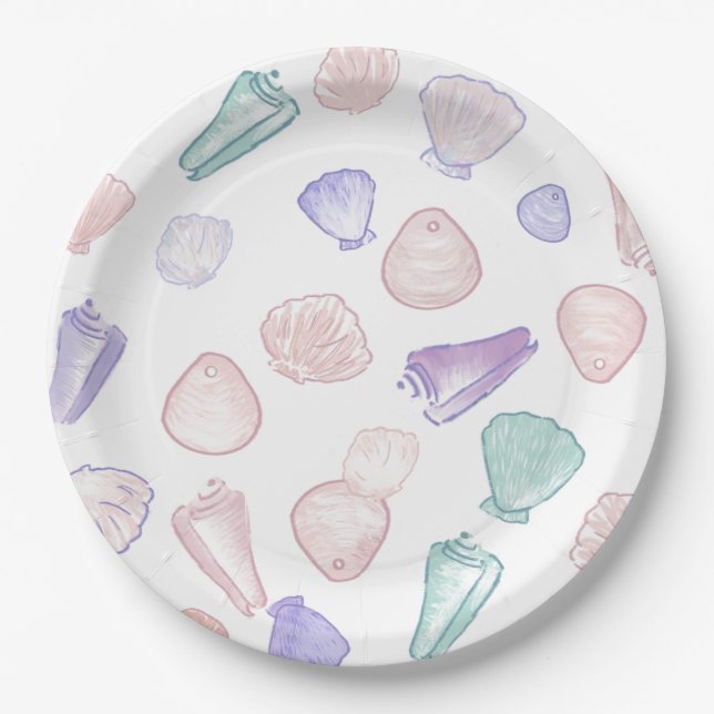 Assiettes En Carton Fête Pastel sous la Mer aux Coquillages Peints (Devant)