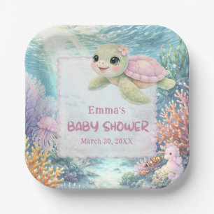 Assiettes En Carton Fête Prénatale Bébé Fille La Tortue sous la Mer