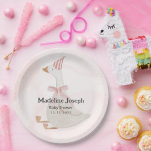 Assiettes En Carton Fête Prénatale Fille au Canard en Aquarelle Rose