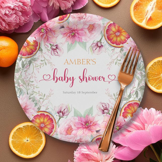 Assiettes En Carton Fête Prénatale Fleurs Aquarelles Citron et Rose (Citrus & Pink Watercolor Flowers Baby Shower Paper Plates)