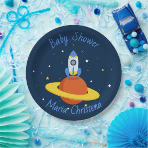 Assiettes En Carton Fête Prénatale Fusée vers les Étoiles