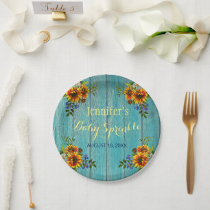 Assiettes En Carton Fête Rustique Bleue Tournesol Bébé Sprinkle
