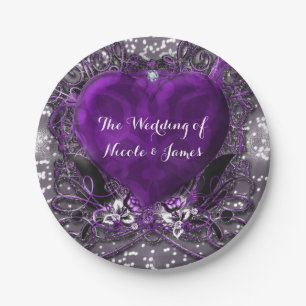 Assiettes En Carton Fête scintillante cœur violet et argent