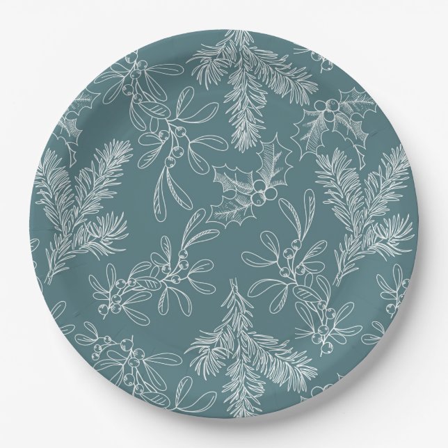 Assiettes En Carton Fêtes Chic Turquoise Floral Entreprise Noël (Devant)