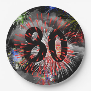 Assiettes En Carton Feu d'artifice 80e Anniversaire En Plaque Papier N