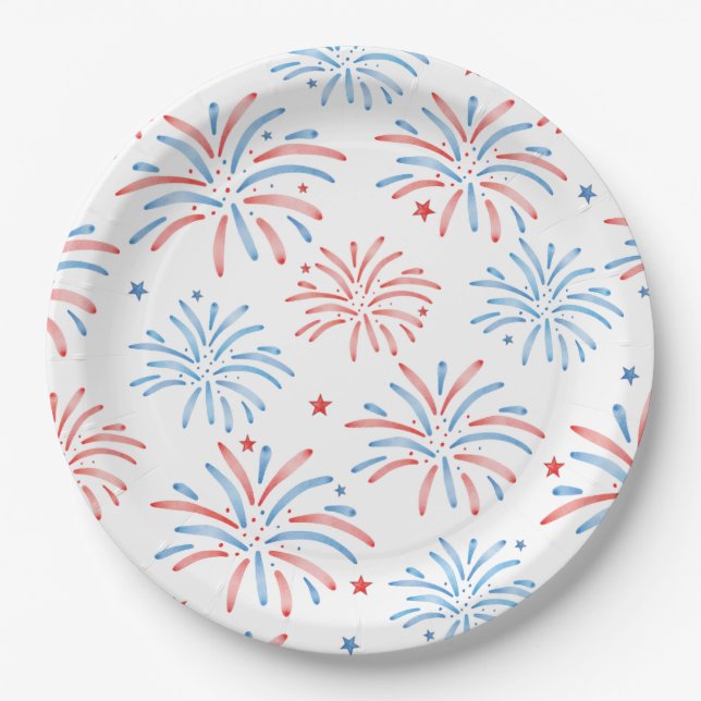 Assiettes En Carton Feu d'artifice aquarelle Parti du 4 juillet (Devant)