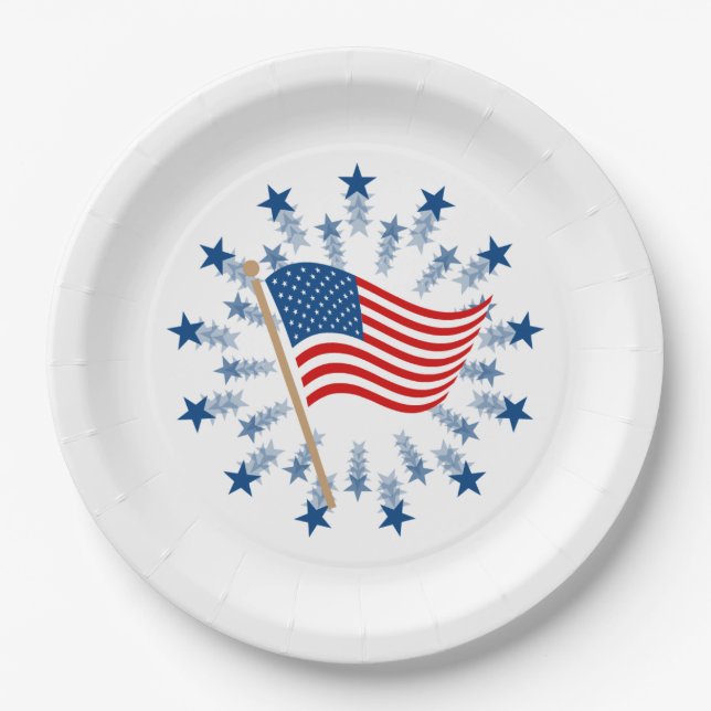 Assiettes En Carton Feu d'artifice Drapeau Américain 4 juillet (Devant)