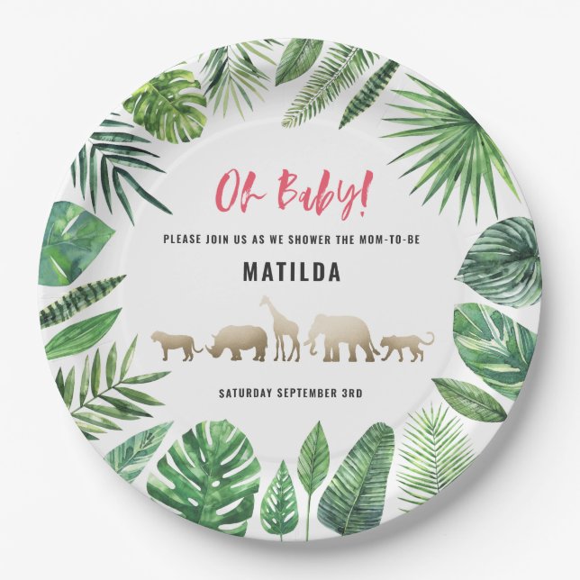 Assiettes En Carton Feuillage tropical + animaux d'or baby shower (Devant)