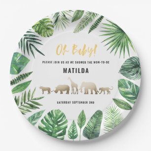 Assiettes En Carton Feuillage tropical + animaux d'or baby shower
