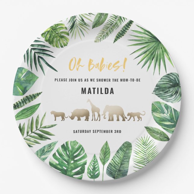 Assiettes En Carton Feuillage tropical + baby shower jumeau d'animaux  (Devant)