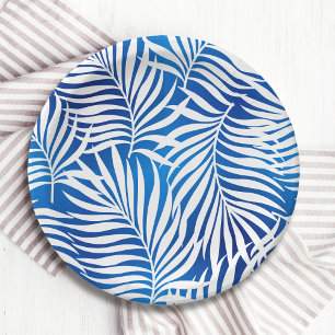 Assiettes En Carton Feuillage Tropical Bleu Et Blanc Floral