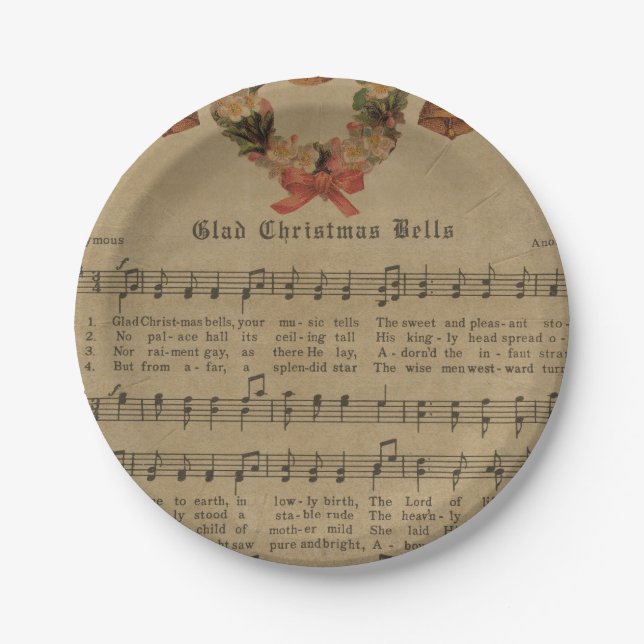 Assiettes En Carton Feuille de musique vintage de chant de Noël (Devant)