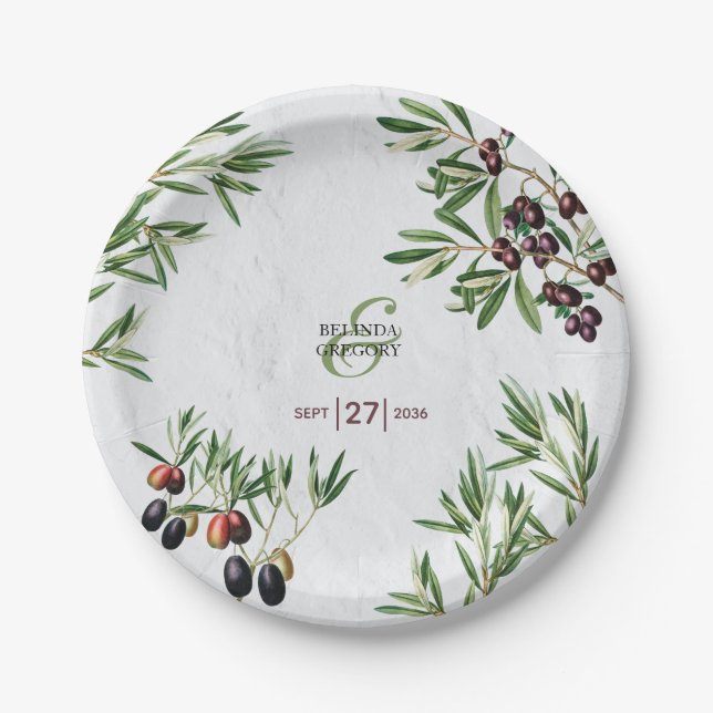 Assiettes En Carton Feuille d'olive méditerranéen grec Mariage de l'îl (Devant)