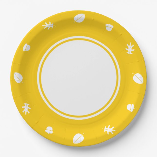 Assiettes En Carton Feuilles automnales en plaque de papier jaune (Devant)