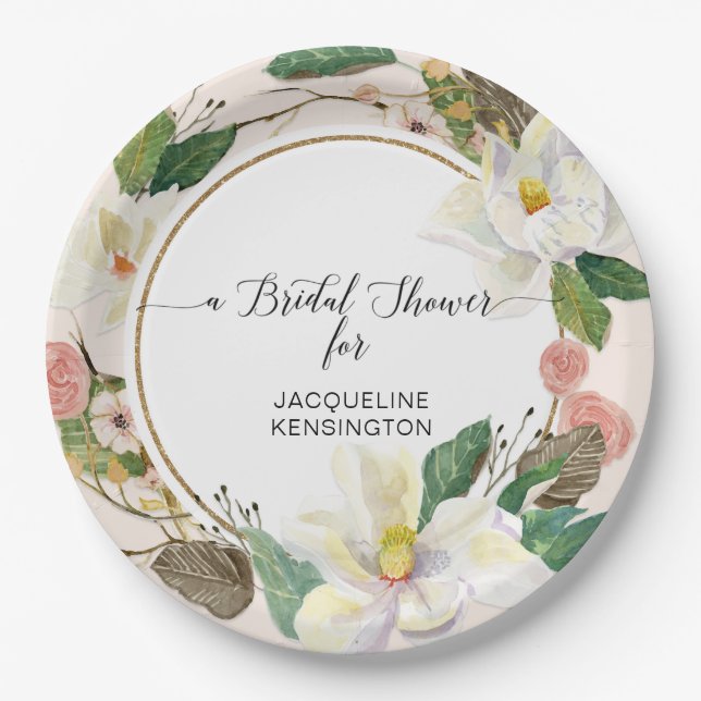 Assiettes En Carton Feuilles d'aquarelle florale blanc Magnolia Gold B (Devant)